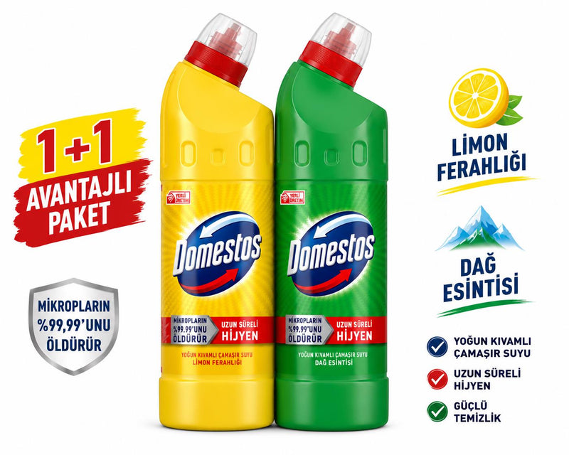 Domestos Yoğun Kıvamlı Çamaşır Suyu 750 ml 1+1 Avantaj Paketi Limon Ferahlığı + Dağ Esintisi - Selka Home | Şık tasarımlar akıllı çözümler