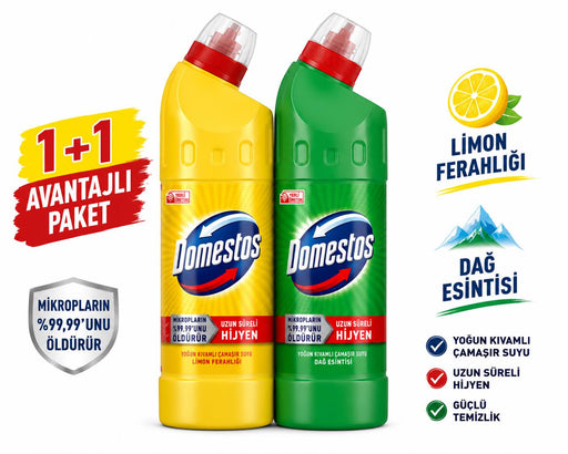 Domestos Yoğun Kıvamlı Çamaşır Suyu 750 ml 1+1 Avantaj Paketi Limon Ferahlığı + Dağ Esintisi - Selka Home | Şık tasarımlar akıllı çözümler
