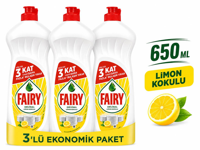 Fairy Orijinal Limon Kokulu Bulaşık Deterjanı 650 ml x 3'lü Ekonomik Paket Elde Bulaşık Yıkama Deterjanı - Selka Home | Şık tasarımlar akıllı çözümler