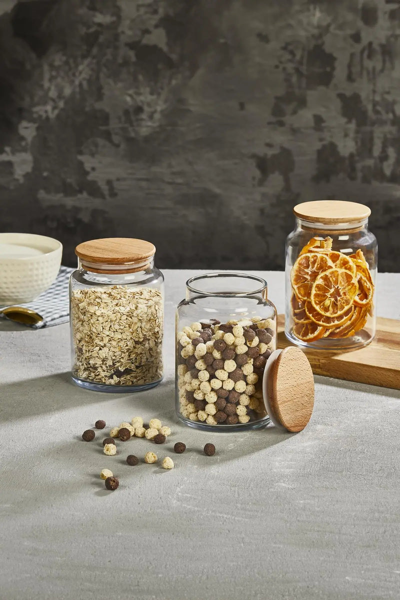 Selka Home 3'lü 890 ML Sade Ahşap Kapaklı Cam Kavanoz - Selka Home | Şık tasarımlar akıllı çözümler