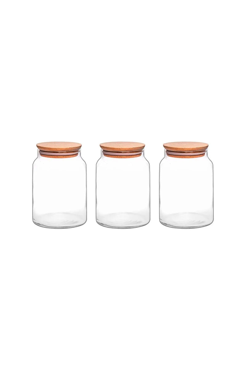 Selka Home 3'lü 890 ML Sade Ahşap Kapaklı Cam Kavanoz - Selka Home | Şık tasarımlar akıllı çözümler