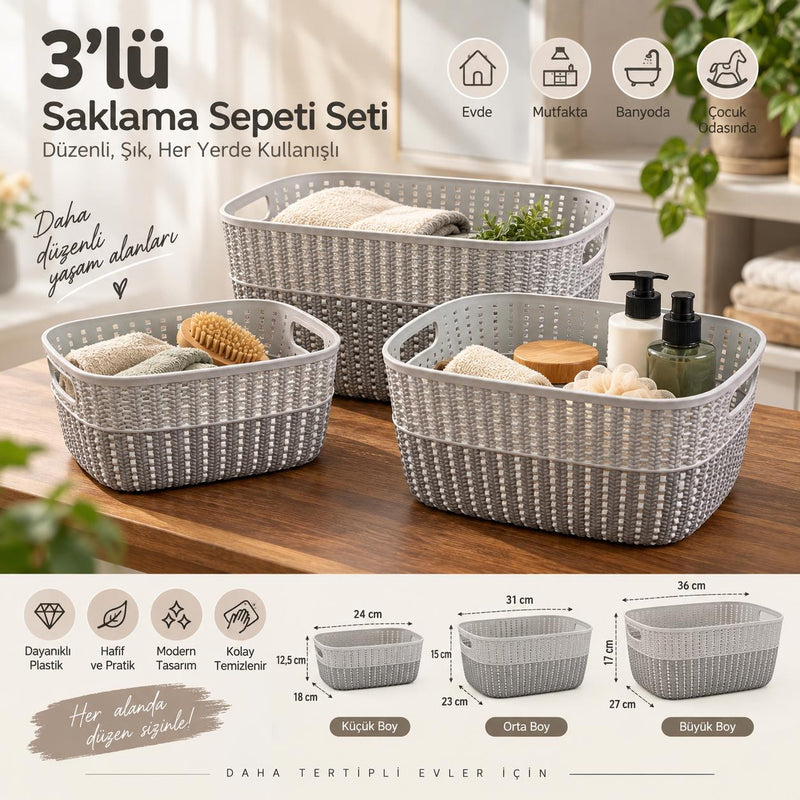 Selka Home 3’lü Örgü Desenli Saklama Sepeti – Küçük Orta Büyük Boy Set