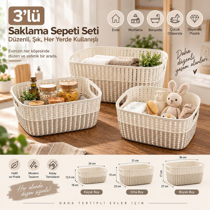 Selka Home 3’lü Örgü Desenli Saklama Sepeti – Küçük Orta Büyük Boy Set