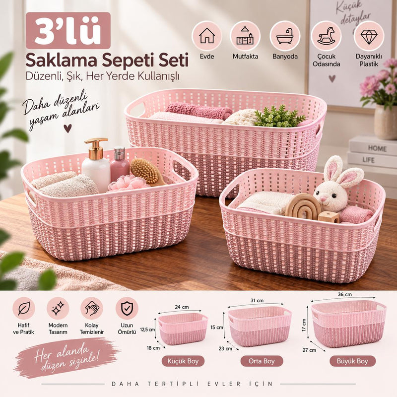 Selka Home 3’lü Örgü Desenli Saklama Sepeti – Küçük Orta Büyük Boy Set