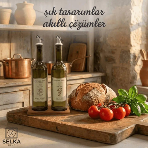 Selka Home Ahşap Stant 2'li Olıve Oıl ve Sunflour Oıl 750 ml - Selka Home | Şık tasarımlar akıllı çözümler