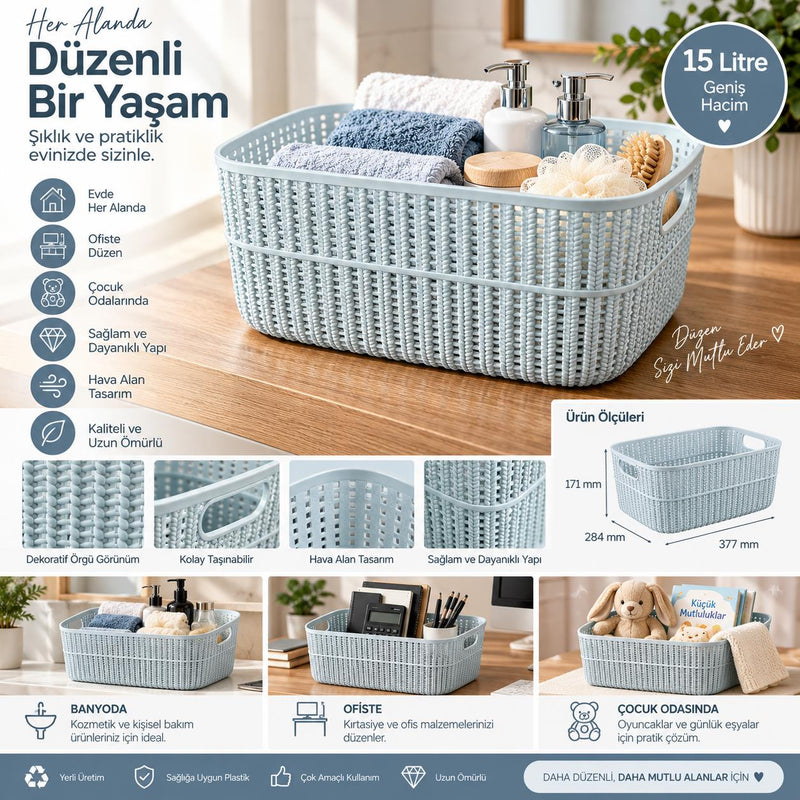 Selka Home Büyük Boy 3’lü Örgü Desenli Saklama Sepeti